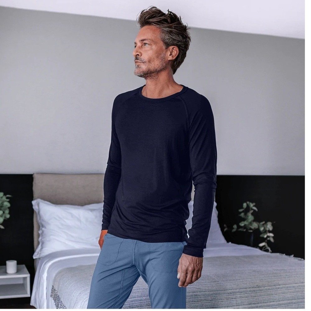 Dagsmejan Men's Nattwarm Sleep Tech Long Sleeve Shirt Black Wool Blend Base- L
